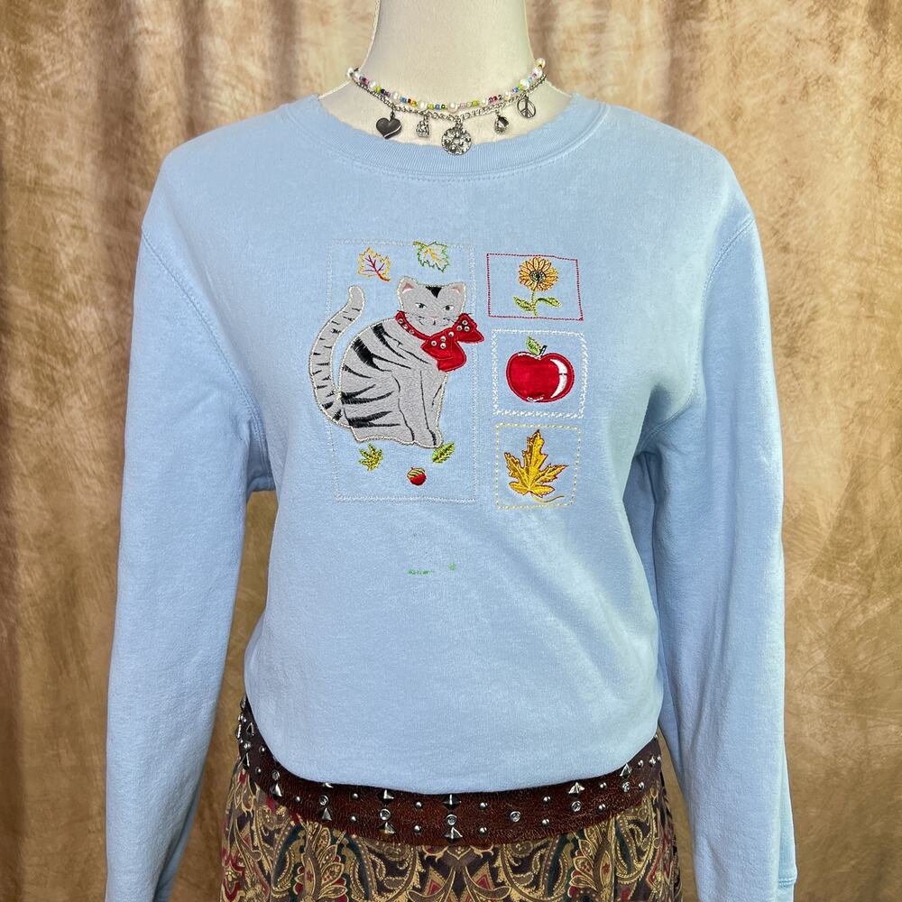 Vintage 90s Cat Sweatshirt Floral Fall Embroidered Blue Fuzzy Crewneck Grandma